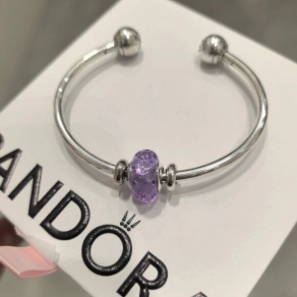 Pandora Silver Cuff Bracelet with Amethyst Charm - Picture 1 of 5